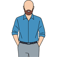 Full Body Portrait Of A Man With Beard Wearing A Blue Collared Shirt And Grey Pants With Hands In Pockets
