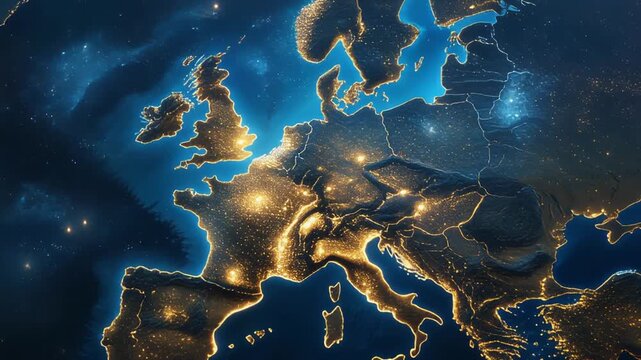 Elegant Map of Europe With Stars Glowing Over Landscape at Night Showing a Hyperreal View of Countries and Cities