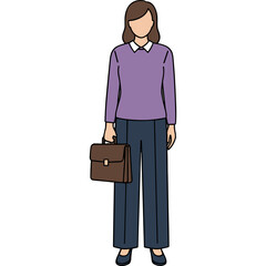 Full Body Professional Woman In Purple Sweater and Blue Trousers Holding a Briefcase With Simple Background