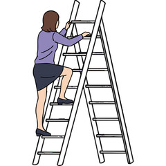 Full Body Shot of a Woman in Lavender Blouse and Dark Skirt Ascending a Tall A Frame Ladder Against a Black Background with Clean Lines and Simple Design Representing Progress and Ambition