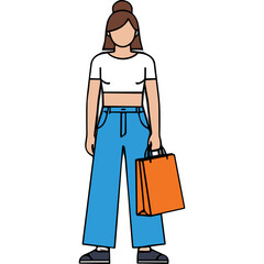 Full Body Shot of a Woman Standing Holding an Orange Shopping Bag Wearing a White Cropped Top and Blue Wide Leg Jeans Isolated on a Black Background