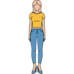 Full Body Studio Portrait Of A Blonde Woman Wearing A Yellow Crop Top And Blue Jeans Standing On A Black Background