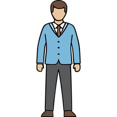 Full Body Standing Male Cartoon Character Wearing Light Blue Cardigan Over White Collared Shirt and Brown Tie with Gray Pants and Brown Shoes Isolated on Black Background