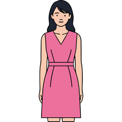 Full Body Studio Portrait of a Woman Wearing a Simple Pink Sleeveless A-Line Dress with a V-Neckline and Belt Standing Against a Black Background with Even Lighting