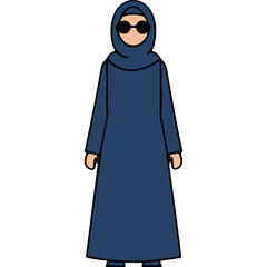 Full Body Vector Illustration Of A Woman Wearing A Blue Hijab And Abaya With Black Sunglasses Standing Against A Black Background