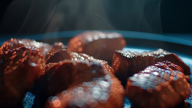 Delicious seared beef steak cubes on plate, with steam rising