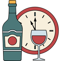 Glass of Red Wine and Bottle Beside a Clock Indicating Evening Time Ready for Celebration or Relaxation After Work Hours Representing Leisure and Enjoyment