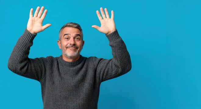 Smiling middle-aged Caucasian man with grey hair and beard raising both hands up in a playful gesture on a vibrant blue studio background