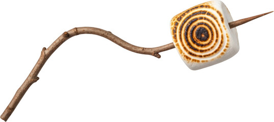A single toasted marshmallow on a wooden stick exhibiting a golden brown char pattern isolate roasted skewer campfire sweet dessert treat food cooking