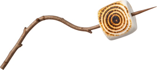 A single toasted marshmallow on a wooden stick exhibiting a golden brown char pattern isolate roasted skewer campfire sweet dessert treat food cooking