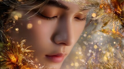 Dreamy close up portrait of serene young person with closed eyes surrounded by golden abstract light and feathers