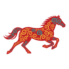 Fototapeta premium Vibrant Red Horse Silhouette Adorned with Intricate Swirling Blue and Yellow Patterns
