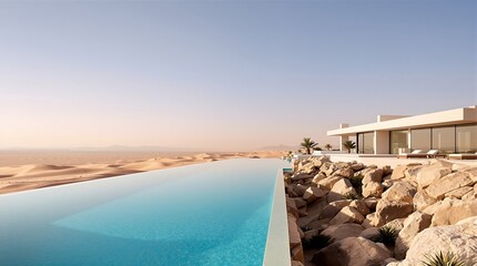 Obraz premium Infinity swimming pool overlooking desert landscape with minimalist architecture design style