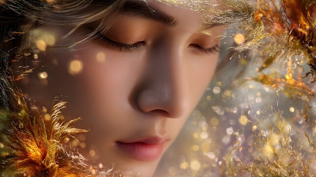 Dreamy close up portrait of serene young person with closed eyes surrounded by golden abstract light and feathers