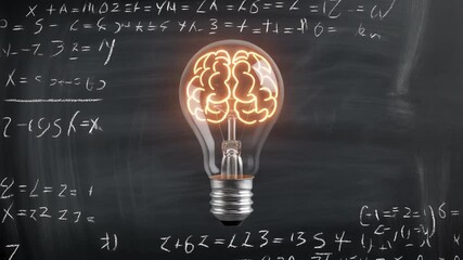 Light Bulb Filament Shaped Like a Brain Glows Brightly in a Classroom With Math Equations on the Board - Powered by Adobe