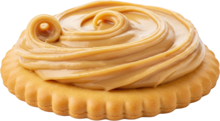 Creamy peanut butter swirled atop a golden brown biscuit with a scalloped edge isolate cookie spread food sweet snack topping baked dough confectionery