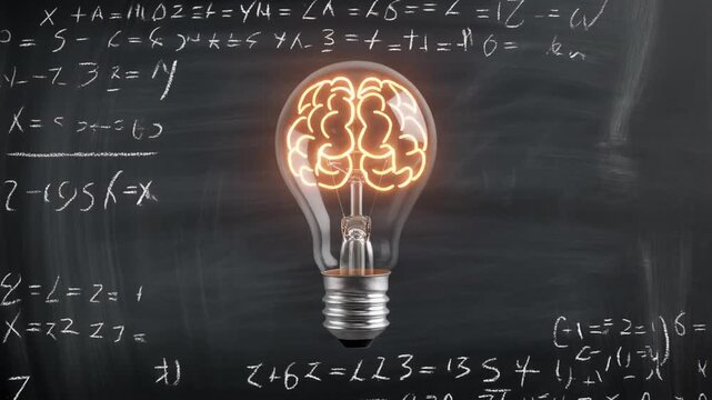 Light Bulb Filament Shaped Like a Brain Glows Brightly in a Classroom With Math Equations on the Board