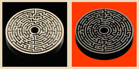 Round maze isolated on white and orange backgrounds. Circle labyrinth. Vector illustration