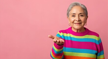 Smiling senior Hispanic woman with grey hair in a vibrant striped sweater, happily presenting with an open palm gesture against a bright pink studio background.