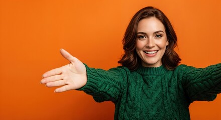 Happy young Caucasian woman with brown hair smiling broadly, wearing a green cable-knit sweater, with arms outstretched in a welcoming gesture against a vibrant orange background.