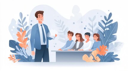 A speaker presents ideas to an engaged audience in a modern setting, surrounded by plants and a minimalist background.