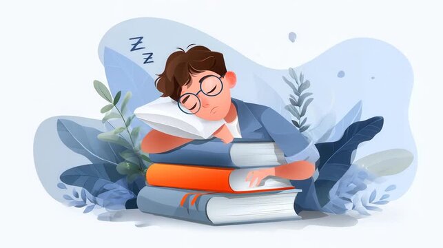 A cartoon illustration of a boy sleeping on stacked books surrounded by plants, conveying a sense of exhaustion and study.