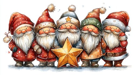 group of Christmas little santa claus, holding a star ornament, watercolor festive style, solid white background 