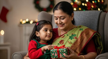 Happy Indian grandmother and granddaughter celebrating Christmas, exchanging gifts with festive decorations in a cozy home.