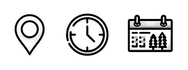 Line icons about location, time and date on transparent background with editable stroke.