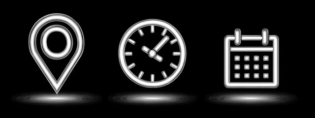 Line icons about location, time and date on transparent background with editable stroke.