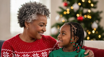 Joyful African American grandmother and young girl sharing a loving moment in festive Christmas sweaters with a decorated tree.
