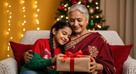 Happy Indian grandmother and granddaughter sharing a Christmas gift, celebrating holidays together at home with festive decorations.