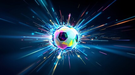 Digital art showing colorful soccer ball exploding with light effects and neon glow concept