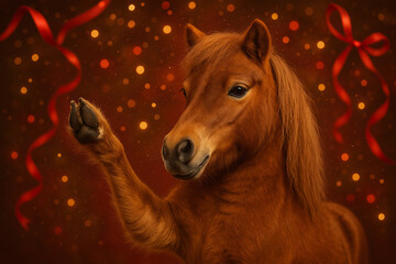 Cute Christmas pony raising hoof with festive bokeh lights and red ribbons