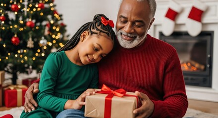 Happy African American Grandfather and Granddaughter Sharing Christmas Gift in Festive Home Setting