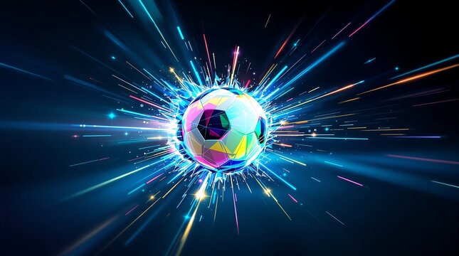 Digital art showing colorful soccer ball exploding with light effects and neon glow concept - Powered by Adobe
