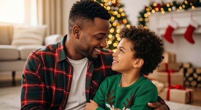 Joyful African American father and young son smiling and bonding together in a festive living room decorated for Christmas holidays. - Powered by Adobe