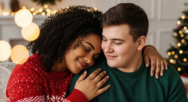 Happy young multiethnic couple in festive Christmas sweaters embracing lovingly at home during the holiday season with bokeh lights.