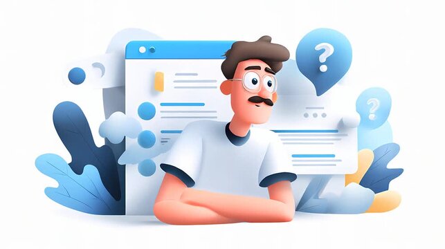 A cartoon man with a mustache and glasses looks puzzled amidst a backdrop of clouds and question marks representing inquiry.