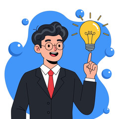 Man with Idea - Light Bulb on Finger.