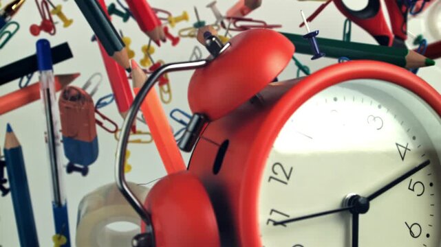 An alarm clock with various school supplies flies up and falls. Filmed on a high-speed camera at 1000 fps. High quality FullHD footage