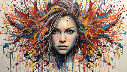 Abstract painting of a woman whose colorful, flowing hair seamlessly merges with a chaotic background of vivid paint splatters and dripping textures