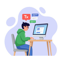 Focused student working on computer with message bubbles.