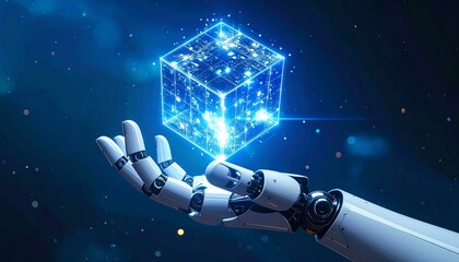 A robotic hand holds a glowing digital cube, symbolizing the future of artificial intelligence, blockchain, and cyber innovation