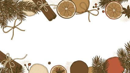 Warm Festive Christmas Border Illustration with Dried Oranges, Cinnamon, and Evergreen Branches