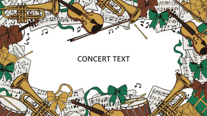 Elegant Hand-Drawn Musical Christmas Border Adorned with Orchestral Instruments and Ribbons for Holiday Themes