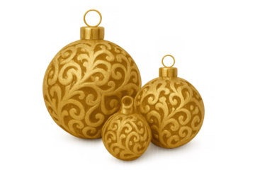 Golden christmas ornaments with intricate swirl pattern creating festive holiday decoration, transparent background