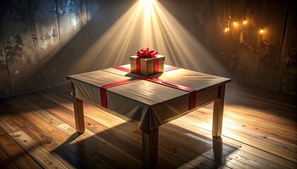 Spotlight shines on a special present wrapped with a red bow on a rustic wooden table, representing a surprise reward or exclusive deal