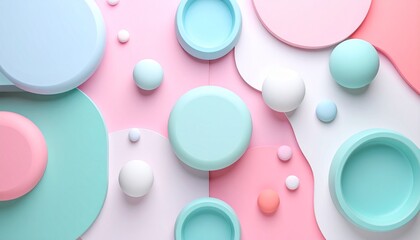 Abstract 3D rendering of pastel pink and blue geometric podiums and spheres, creating a minimal stage for product showcase and sales