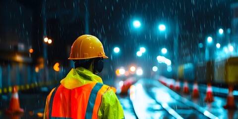 Obraz premium A construction worker stands in the rain, illuminated by streetlights, highlighting dedication and resilience in a challenging environment.
